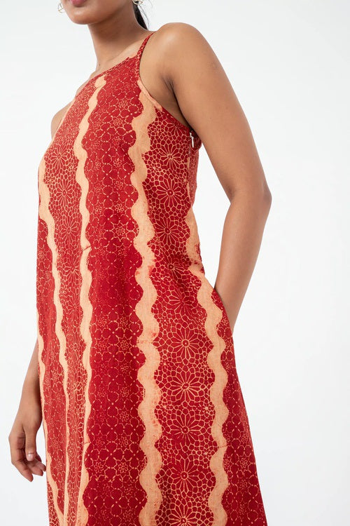 Inkriti "Indie" Block Printed Organic Cotton Dress - Red waves