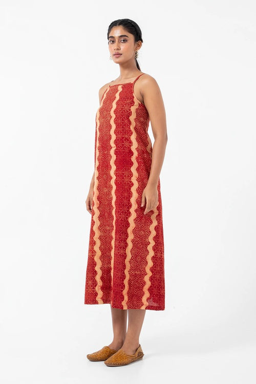Inkriti "Indie" Block Printed Organic Cotton Dress - Red waves