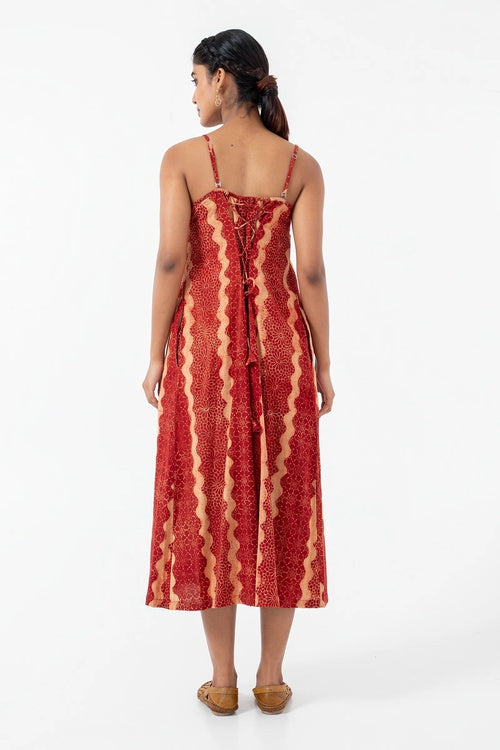 Inkriti "Indie" Block Printed Organic Cotton Dress - Red waves