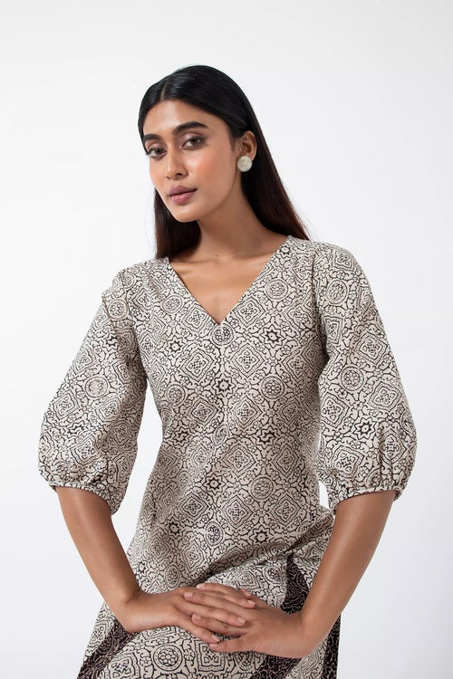 Inkriti "Swirl" Block Printed Organic Cotton Dress - White Skyline