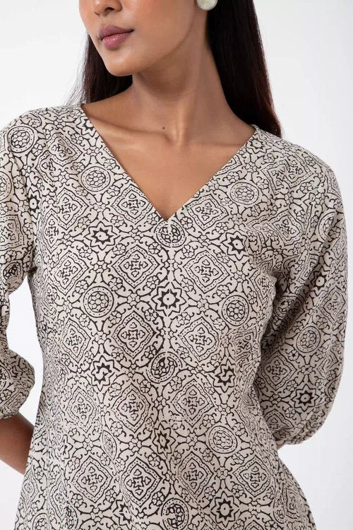 Inkriti "Swirl" Block Printed Organic Cotton Dress - White Skyline