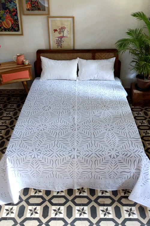 Okhai 'Celeste' Pure Cotton Applique Work Bed Cover without Pillow