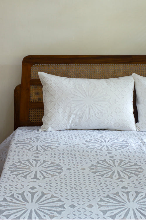 Okhai 'Snowflake' Applique Work Pure Cotton Bed Cover Set