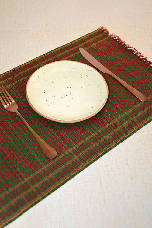 Dharini Madurkathi Tassels Placemats & Runner Set Green Maroon (Set Of 7)