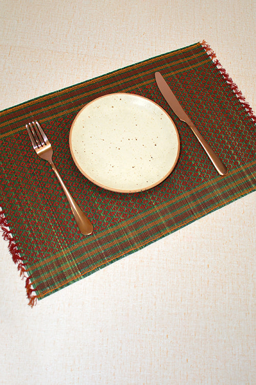 Dharini Madurkathi Tassels Placemats & Runner Set Green Maroon (Set Of 7)