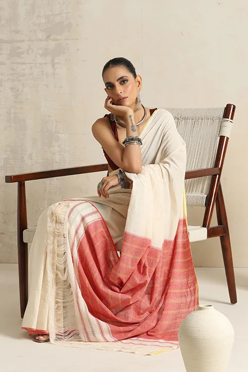 Punarjeevana Off White Body Red Yellow Narrow Border Reversible Dhotra Saree