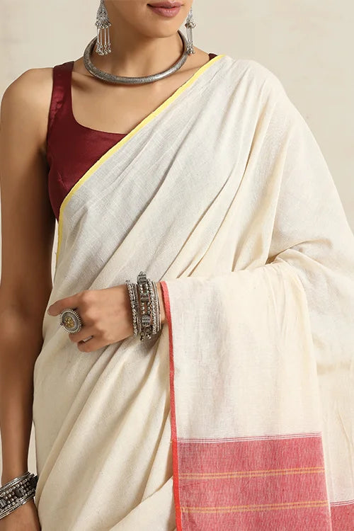 Punarjeevana Off White Body Red Yellow Narrow Border Reversible Dhotra Saree