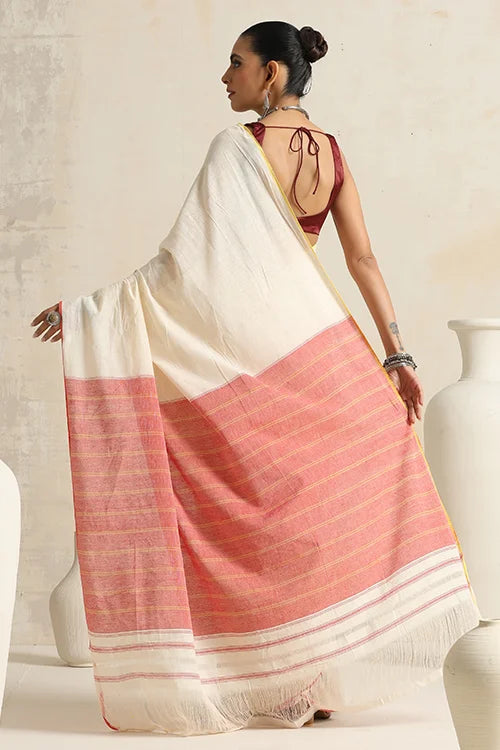 Punarjeevana Off White Body Red Yellow Narrow Border Reversible Dhotra Saree