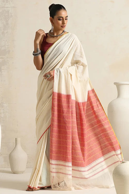 Punarjeevana Off White Body Red Yellow Narrow Border Reversible Dhotra Saree