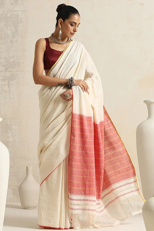 Punarjeevana Off White Body Red Yellow Narrow Border Reversible Dhotra Saree