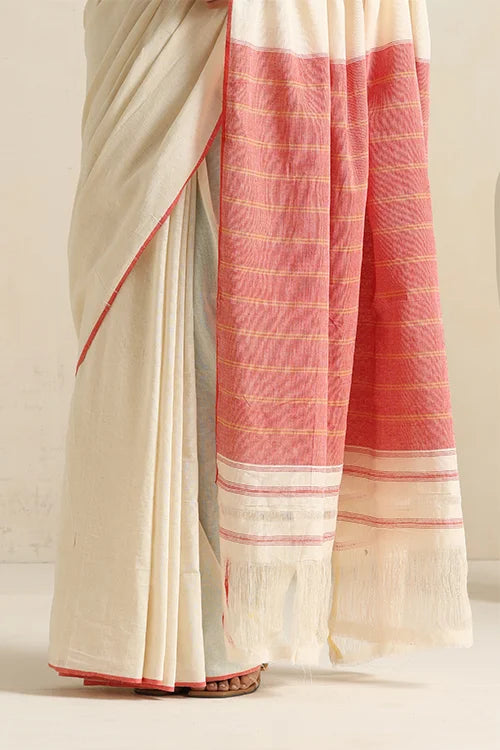 Punarjeevana Off White Body Red Yellow Narrow Border Reversible Dhotra Saree