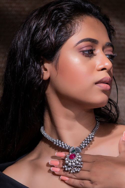 India Craft House Pure Silver Traditional Maharashtrian Neckpiece - Saajghat Thushi