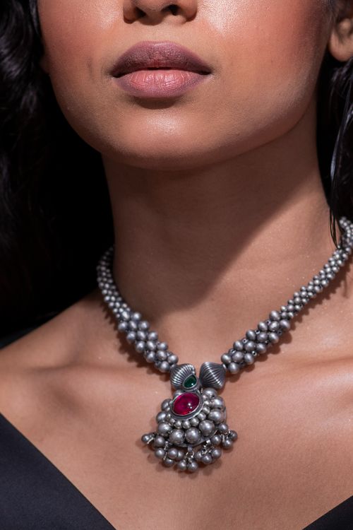 India Craft House Pure Silver Traditional Maharashtrian Neckpiece - Saajghat Thushi