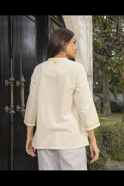 Rangsutra Suhani Cream Collared Cotton Top With Soof Hand Embroidery