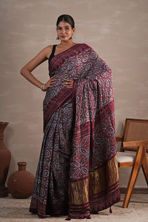 Sooti Syahi 'Carmine Cascade' Hand Block Printed  Modal Tissue Saree