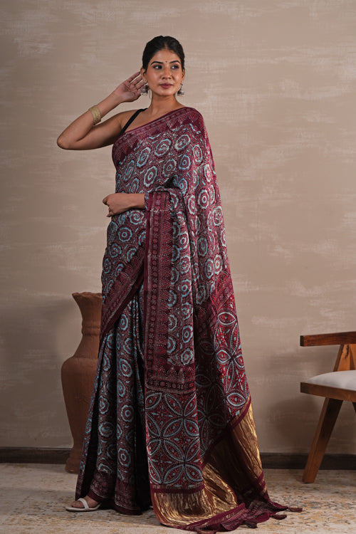 Sooti Syahi 'Carmine Cascade' Hand Block Printed  Modal Tissue Saree