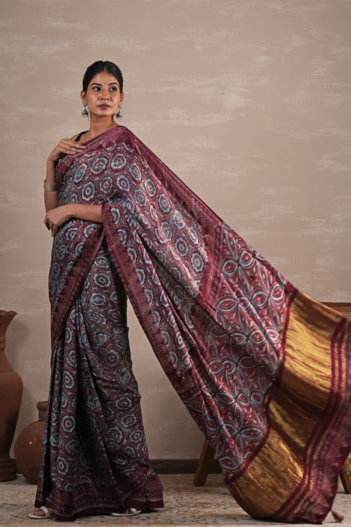 Sooti Syahi 'Carmine Cascade' Hand Block Printed  Modal Tissue Saree
