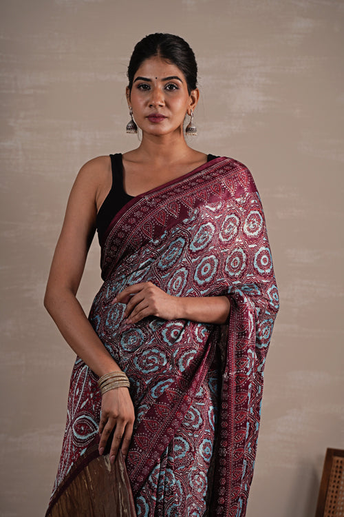 Sooti Syahi 'Carmine Cascade' Hand Block Printed  Modal Tissue Saree