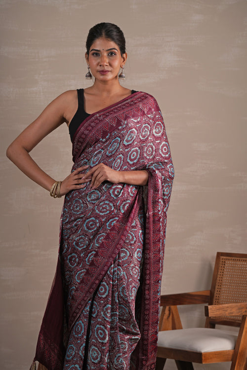 Sooti Syahi 'Carmine Cascade' Hand Block Printed  Modal Tissue Saree