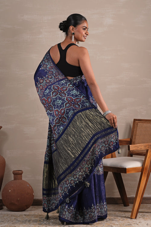 Sooti Syahi ' Azure Blossom' Hand Block Printed  Modal Tissue Saree