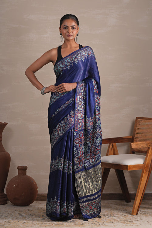 Sooti Syahi ' Azure Blossom' Hand Block Printed  Modal Tissue Saree