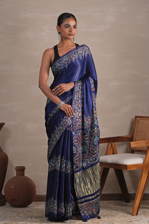 Sooti Syahi ' Azure Blossom' Hand Block Printed  Modal Tissue Saree