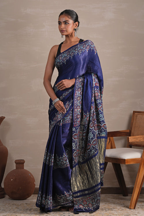 Sooti Syahi ' Azure Blossom' Hand Block Printed  Modal Tissue Saree