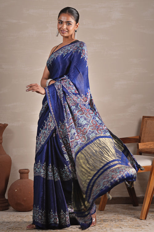 Sooti Syahi ' Azure Blossom' Hand Block Printed  Modal Tissue Saree
