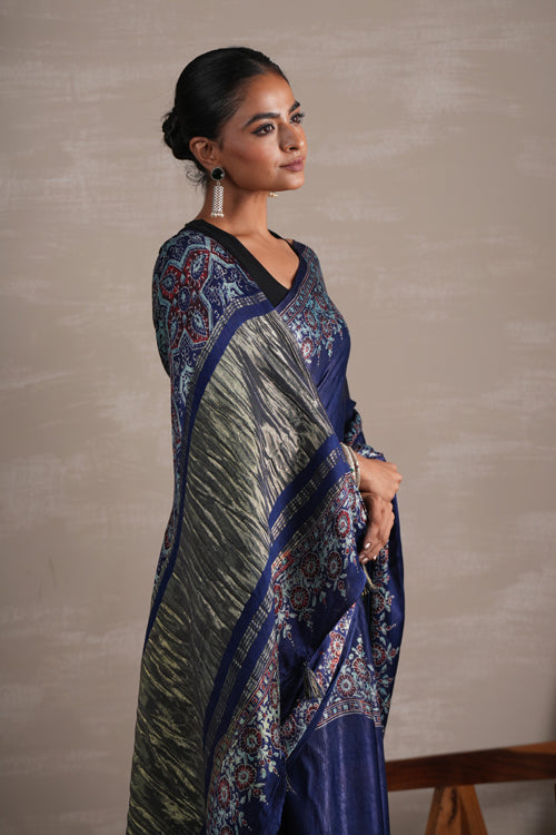 Sooti Syahi ' Azure Blossom' Hand Block Printed  Modal Tissue Saree