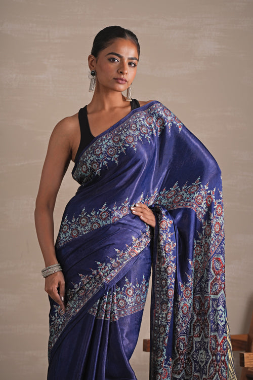 Sooti Syahi ' Azure Blossom' Hand Block Printed  Modal Tissue Saree