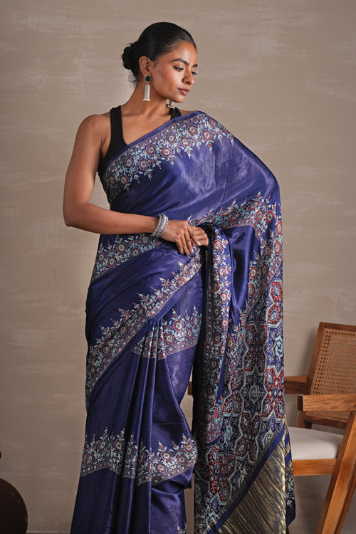 Sooti Syahi ' Azure Blossom' Hand Block Printed  Modal Tissue Saree