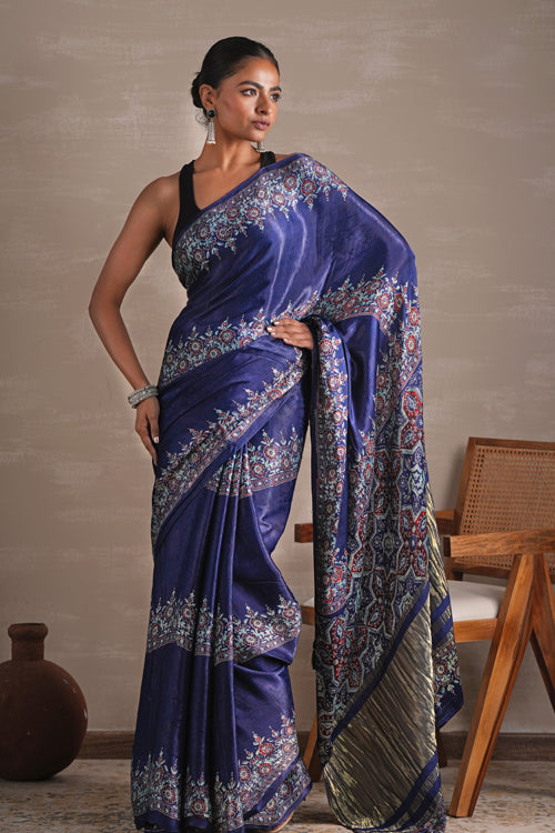 Sooti Syahi ' Azure Blossom' Hand Block Printed  Modal Tissue Saree