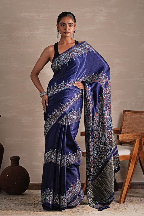 Sooti Syahi ' Azure Blossom' Hand Block Printed  Modal Tissue Saree