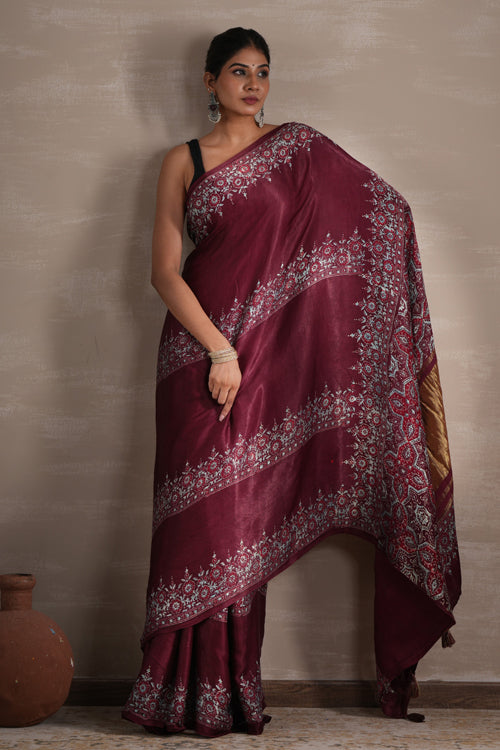Sooti Syahi ' Wine Whisper' Hand Block Printed  Modal Tissue Saree