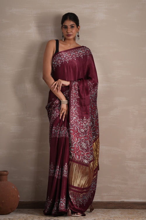 Sooti Syahi ' Wine Whisper' Hand Block Printed  Modal Tissue Saree