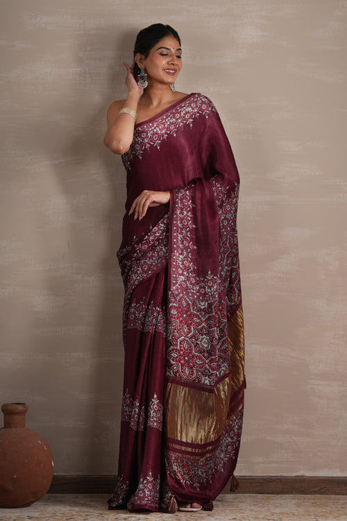 Sooti Syahi ' Wine Whisper' Hand Block Printed  Modal Tissue Saree