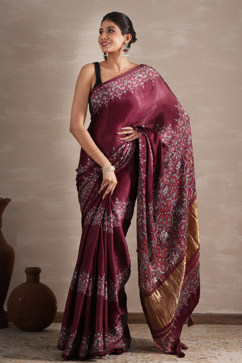 Sooti Syahi ' Wine Whisper' Hand Block Printed  Modal Tissue Saree