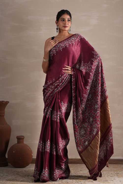 Sooti Syahi ' Wine Whisper' Hand Block Printed  Modal Tissue Saree