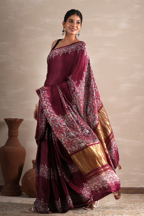 Sooti Syahi ' Wine Whisper' Hand Block Printed  Modal Tissue Saree