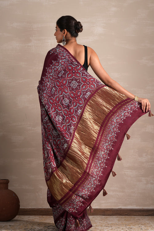 Sooti Syahi ' Wine Whisper' Hand Block Printed  Modal Tissue Saree
