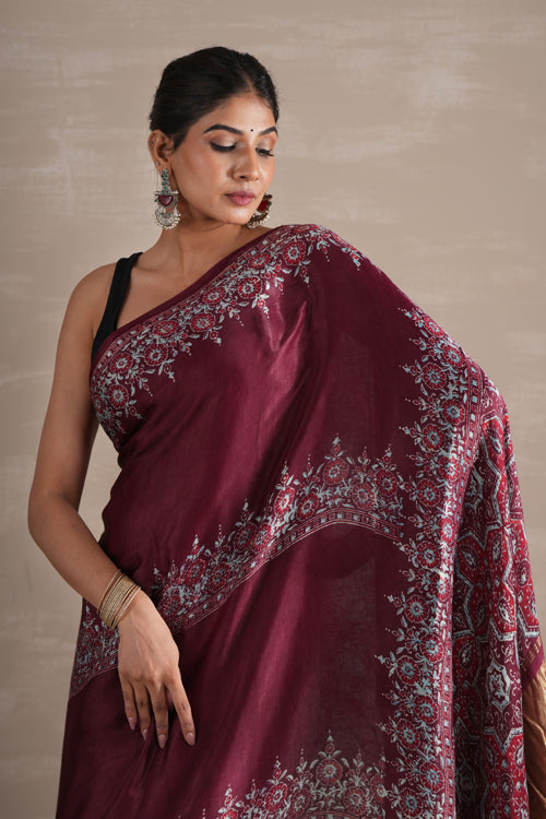 Sooti Syahi ' Wine Whisper' Hand Block Printed  Modal Tissue Saree