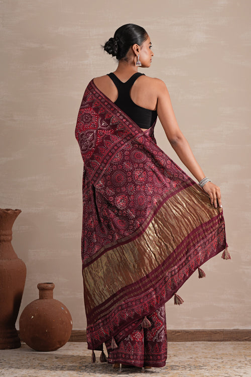 Sooti Syahi ' Mahogany Bloom' Hand Block Printed  Modal Tissue Saree