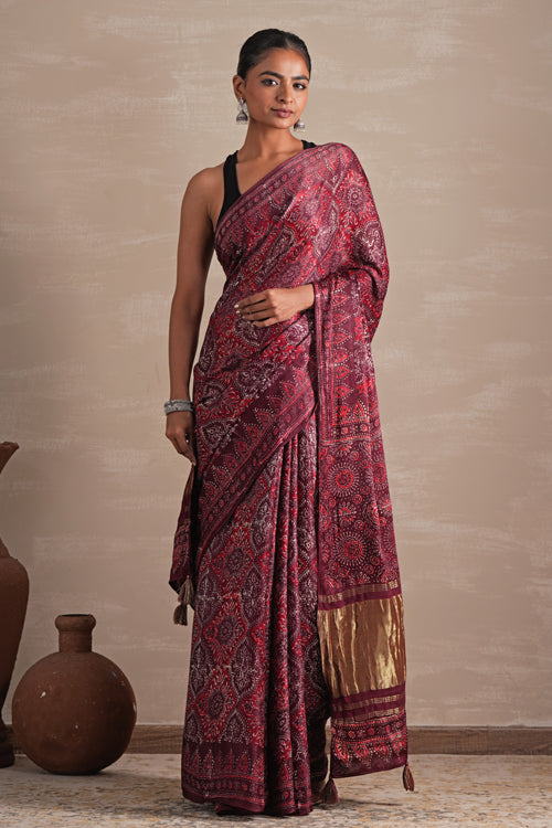 Sooti Syahi ' Mahogany Bloom' Hand Block Printed  Modal Tissue Saree