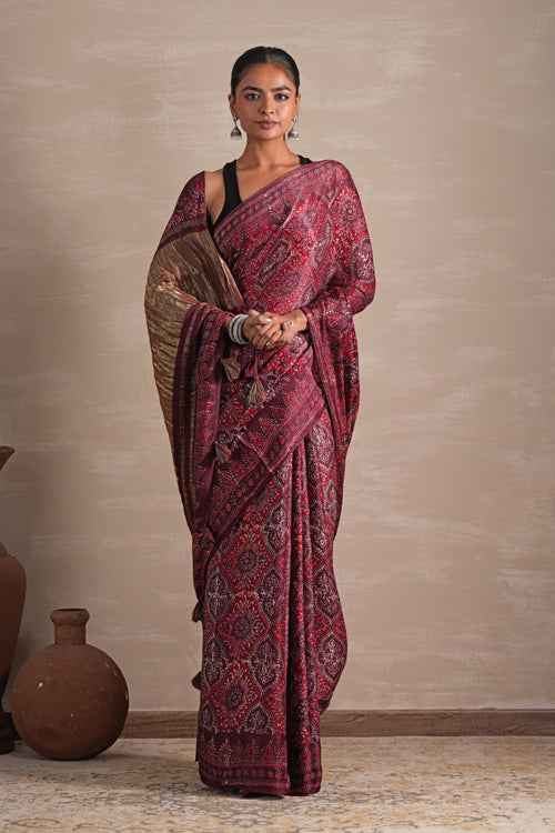 Sooti Syahi ' Mahogany Bloom' Hand Block Printed  Modal Tissue Saree