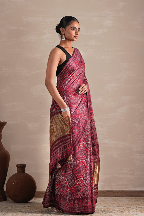 Sooti Syahi ' Mahogany Bloom' Hand Block Printed  Modal Tissue Saree