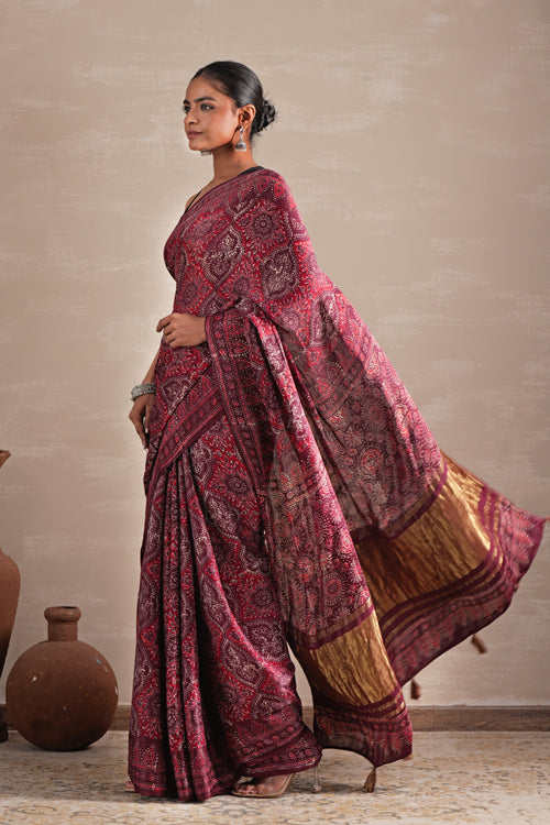 Sooti Syahi ' Mahogany Bloom' Hand Block Printed  Modal Tissue Saree