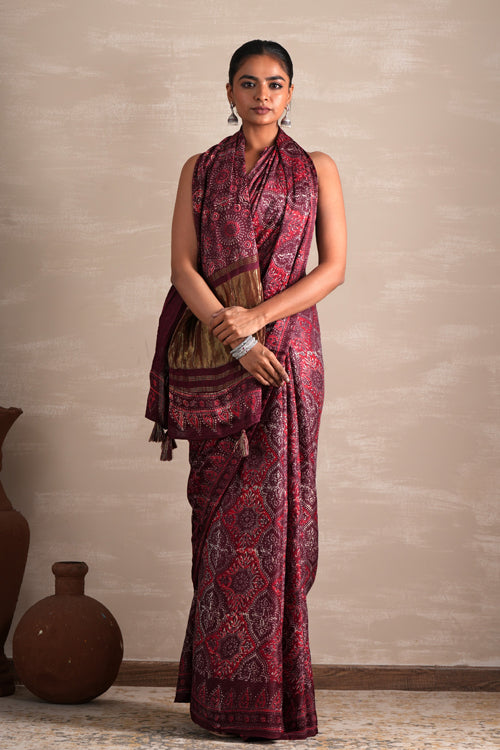 Sooti Syahi ' Mahogany Bloom' Hand Block Printed  Modal Tissue Saree