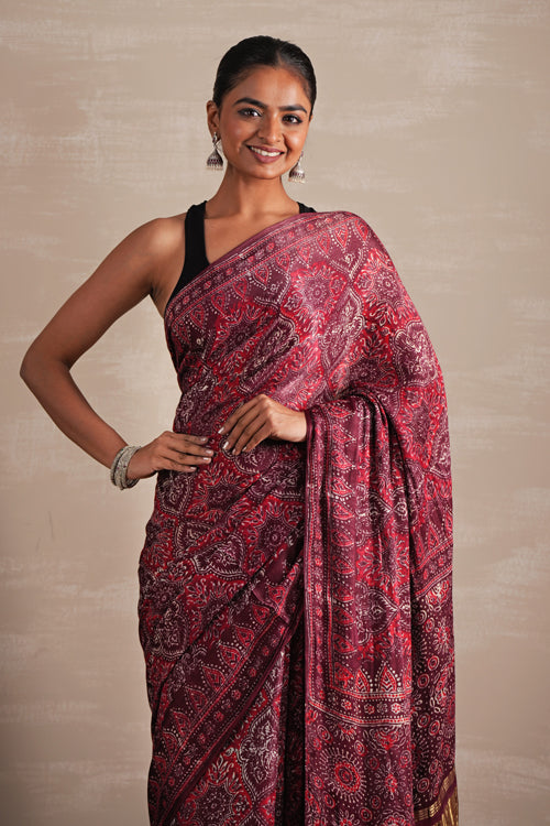 Sooti Syahi ' Mahogany Bloom' Hand Block Printed  Modal Tissue Saree