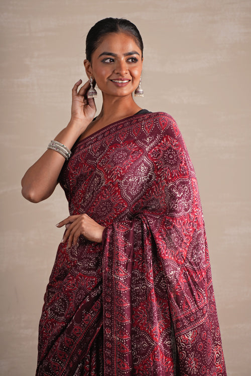 Sooti Syahi ' Mahogany Bloom' Hand Block Printed  Modal Tissue Saree