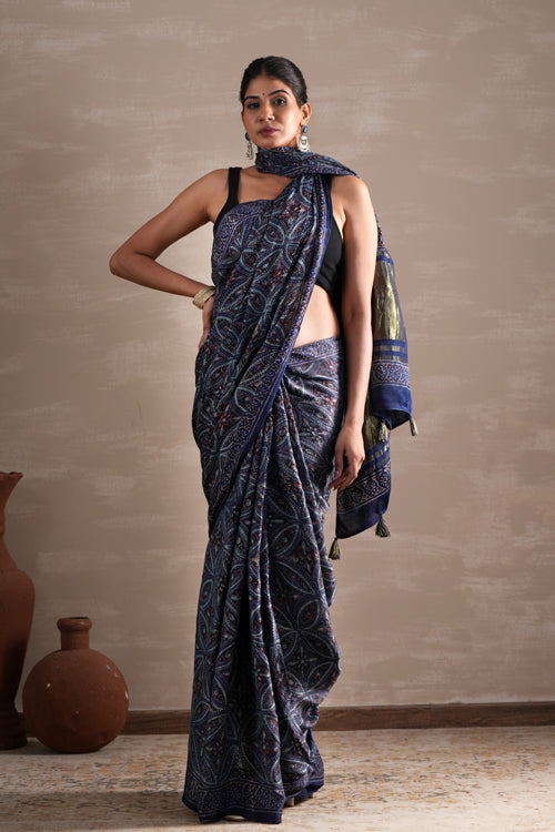 Sooti Syahi ' Marine Mirage' Hand Block Printed  Modal Tissue Saree